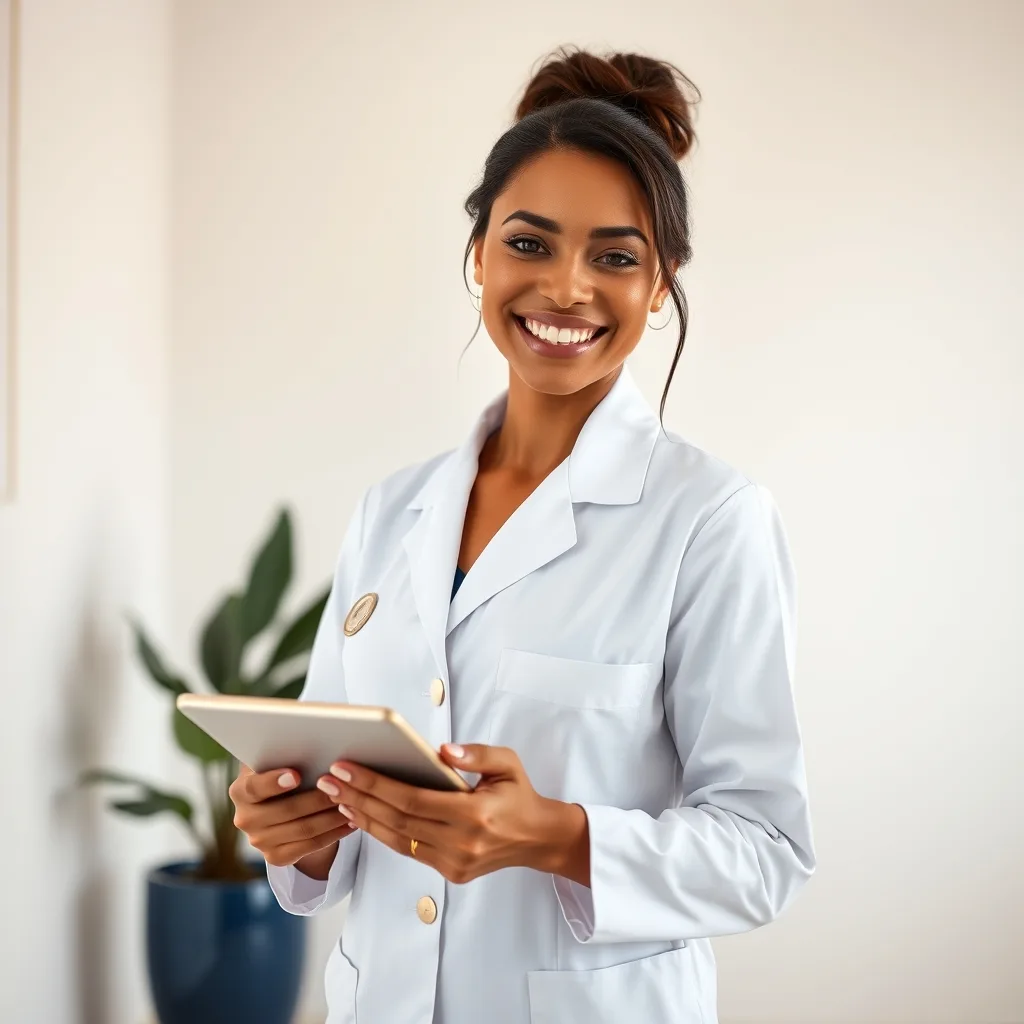Miami med spa injector reviewing a booked consult calendar on a tablet, before-and-after gallery and 5-star reviews on screen