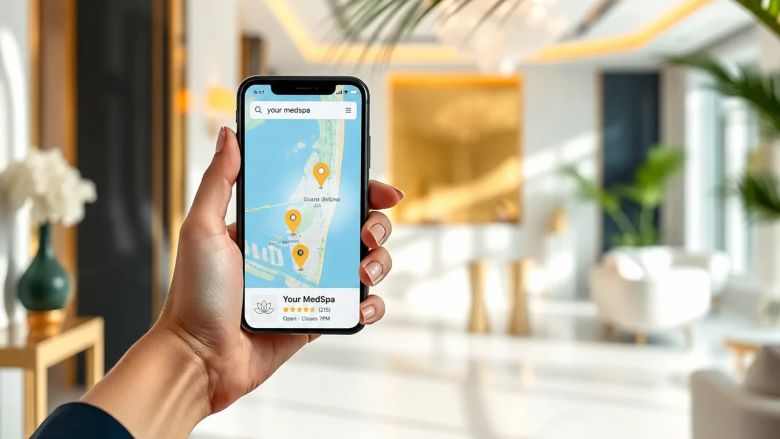 Hand holding a phone showing a med spa local map result with star rating and three map-pack pins, inside a bright luxe Miami med spa lobby