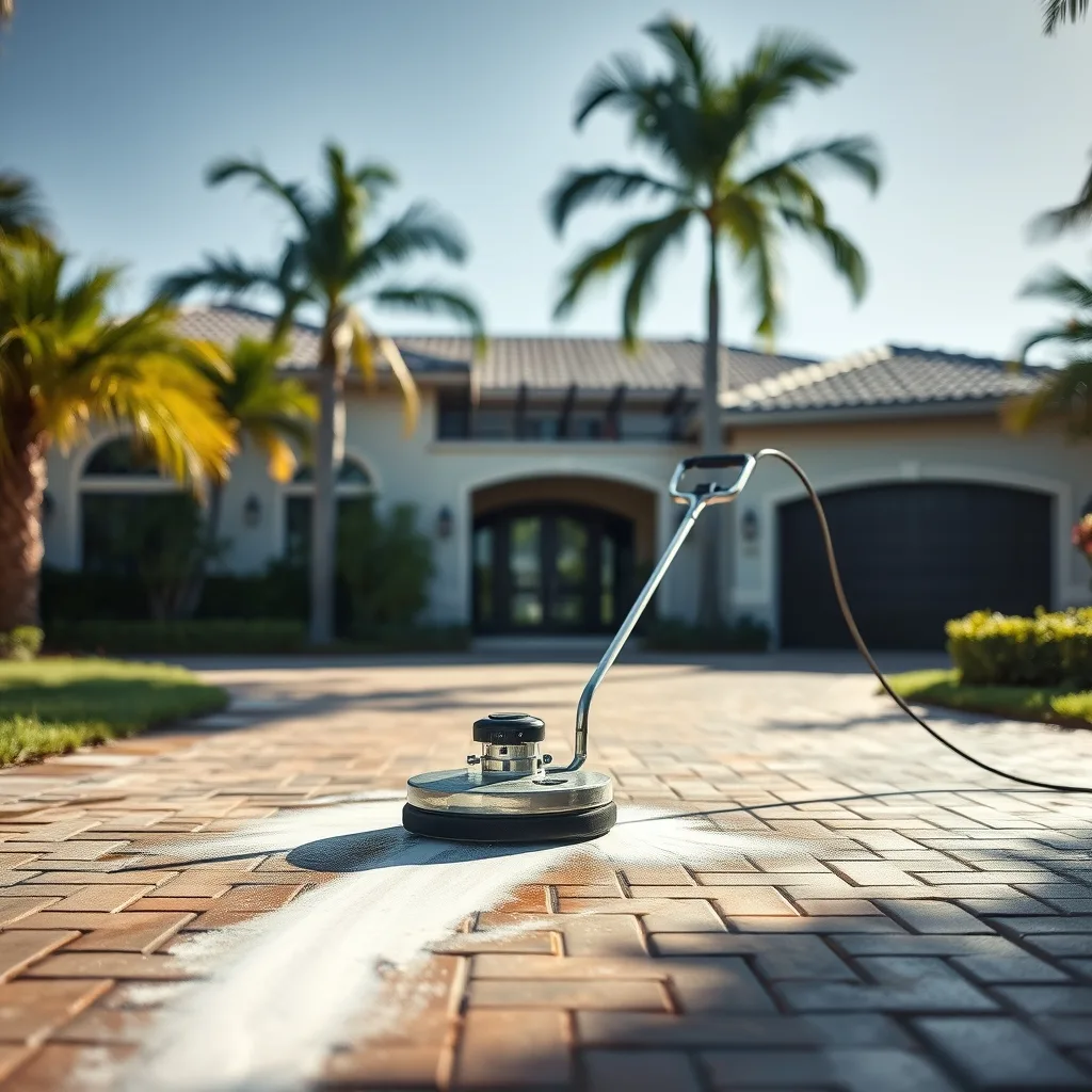 Split scene of a Miami pressure washing job and a phone showing local search results, sunny South Florida driveway being cleaned